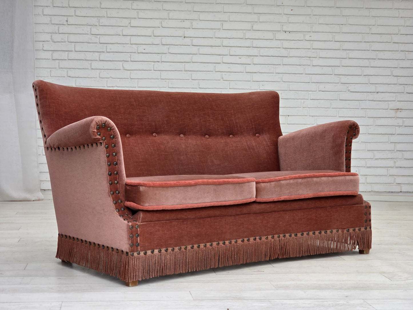 1970s, Danish 2-seater sofa, original salmon pink furniture velour, beech wood.