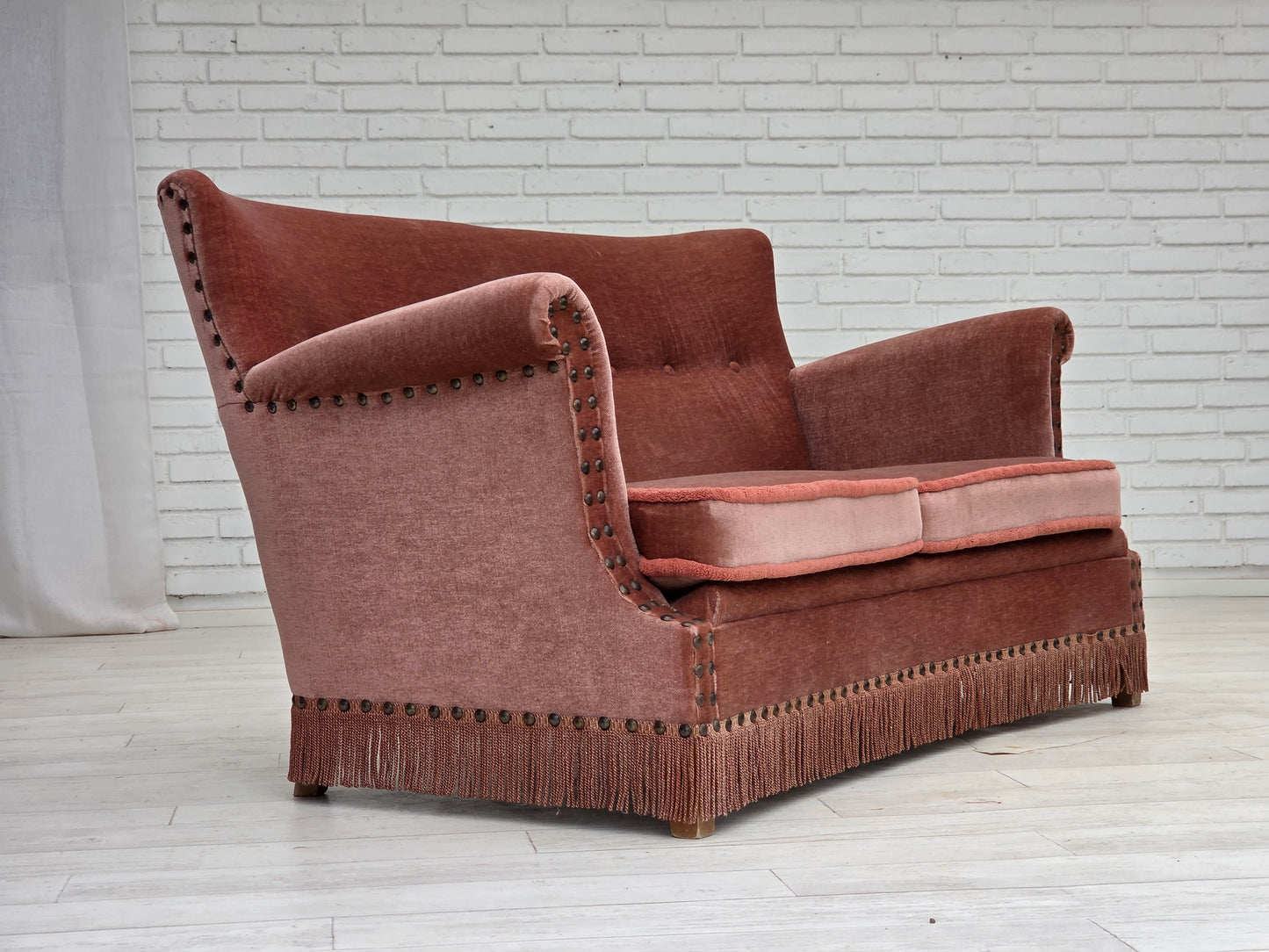 1970s, Danish 2-seater sofa, original salmon pink furniture velour, beech wood.
