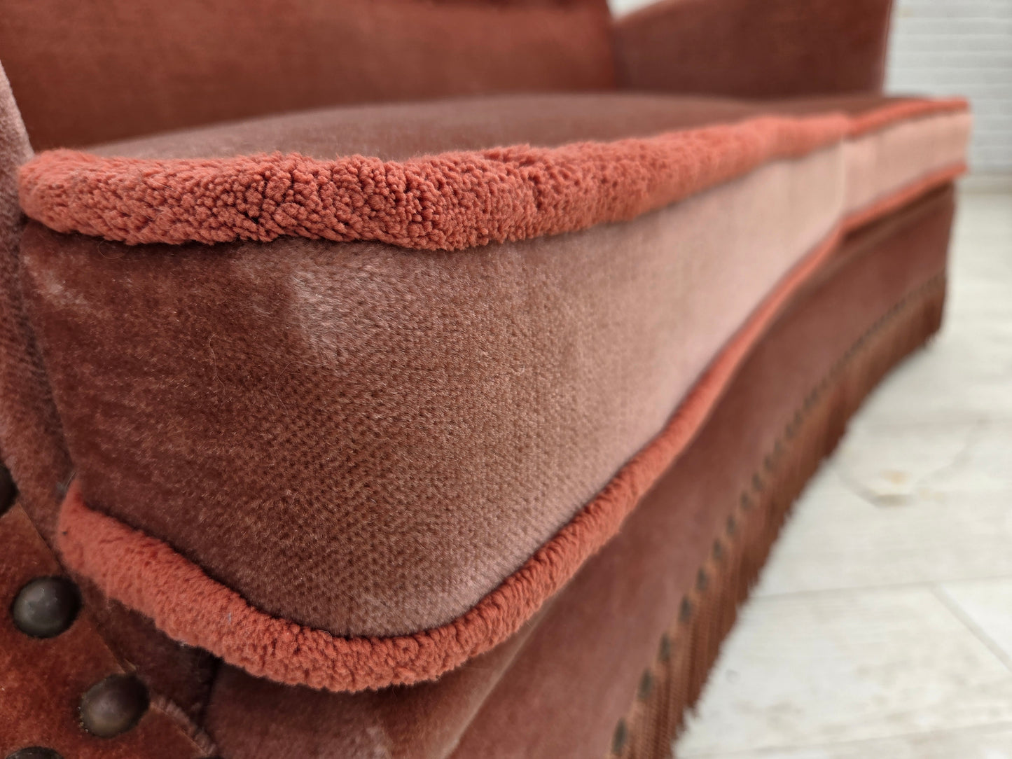 1970s, Danish 2-seater sofa, original salmon pink furniture velour, beech wood.