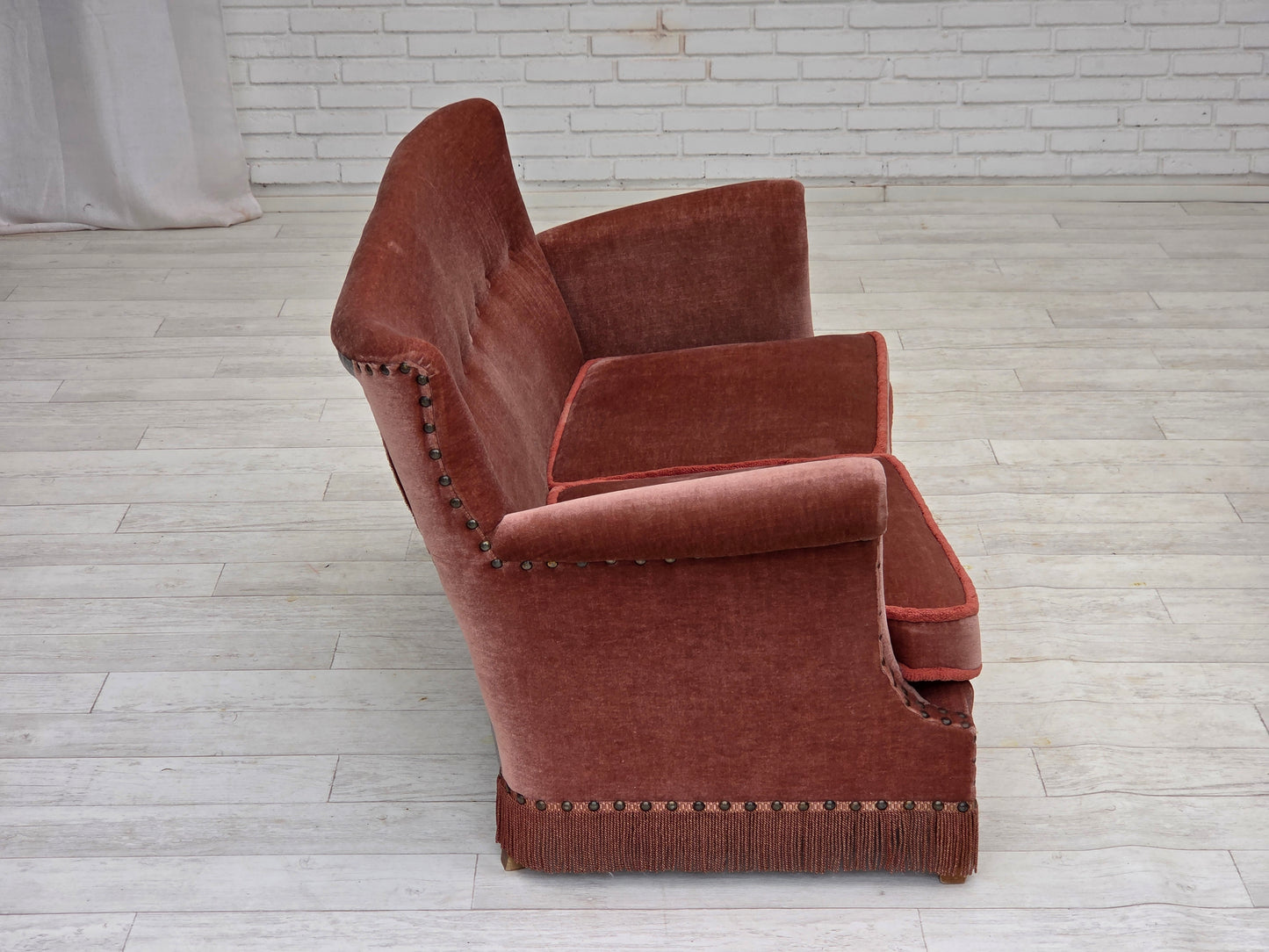 1970s, Danish 2-seater sofa, original salmon pink furniture velour, beech wood.