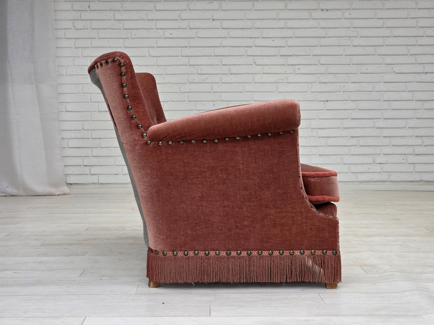 1970s, Danish 2-seater sofa, original salmon pink furniture velour, beech wood.