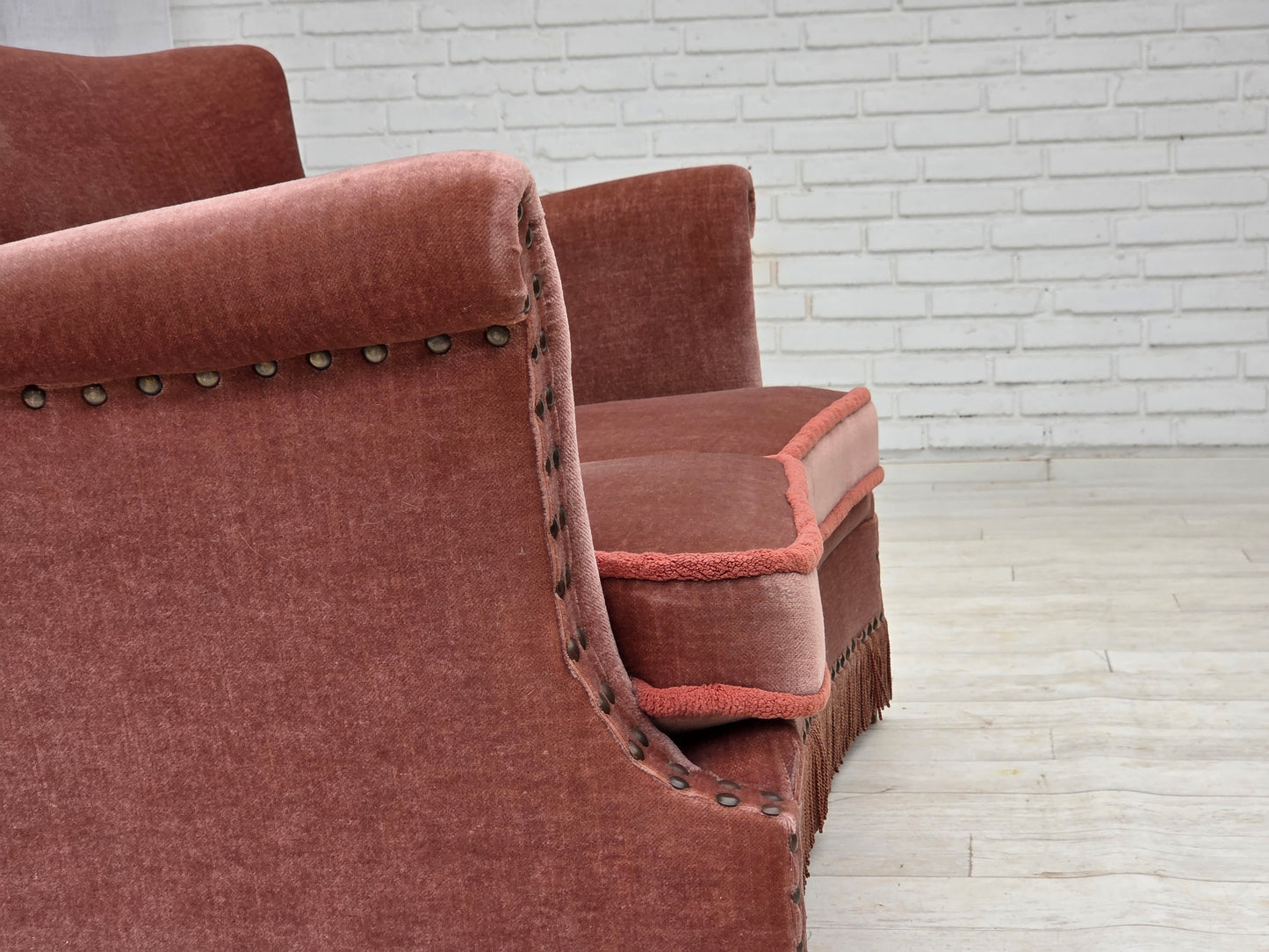 1970s, Danish 2-seater sofa, original salmon pink furniture velour, beech wood.