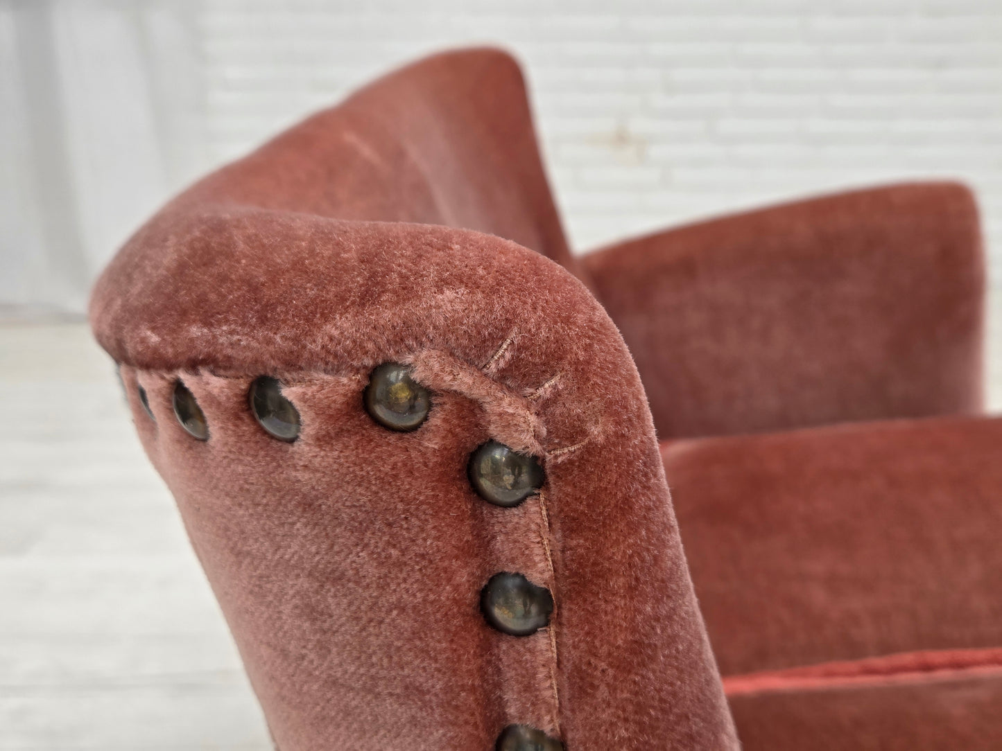 1970s, Danish 2-seater sofa, original salmon pink furniture velour, beech wood.