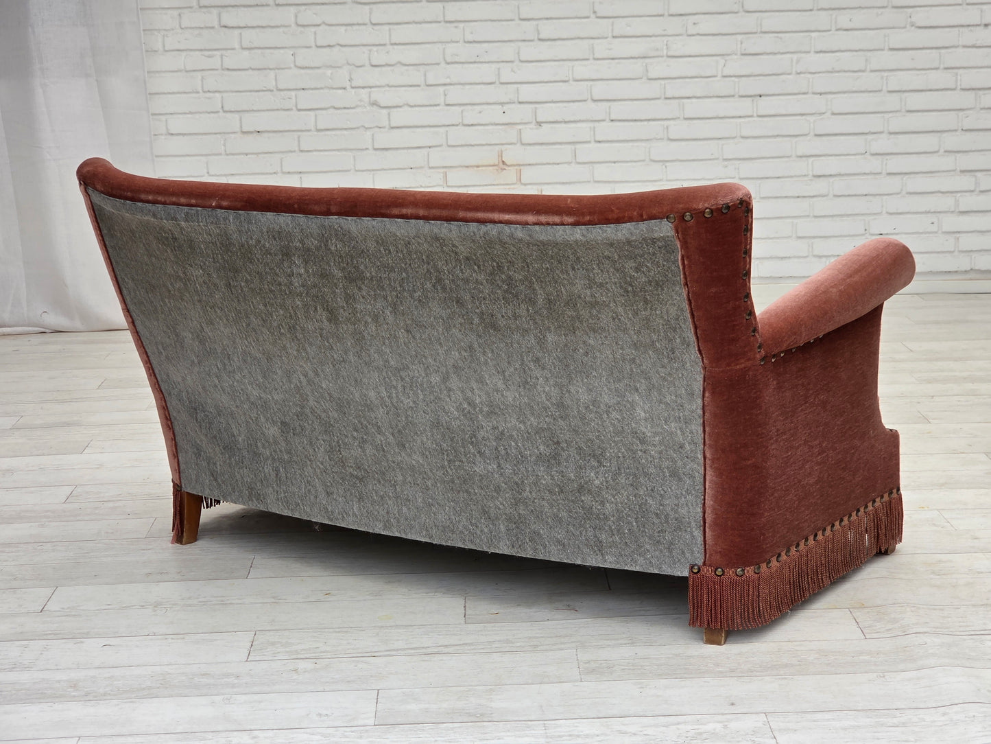 1970s, Danish 2-seater sofa, original salmon pink furniture velour, beech wood.