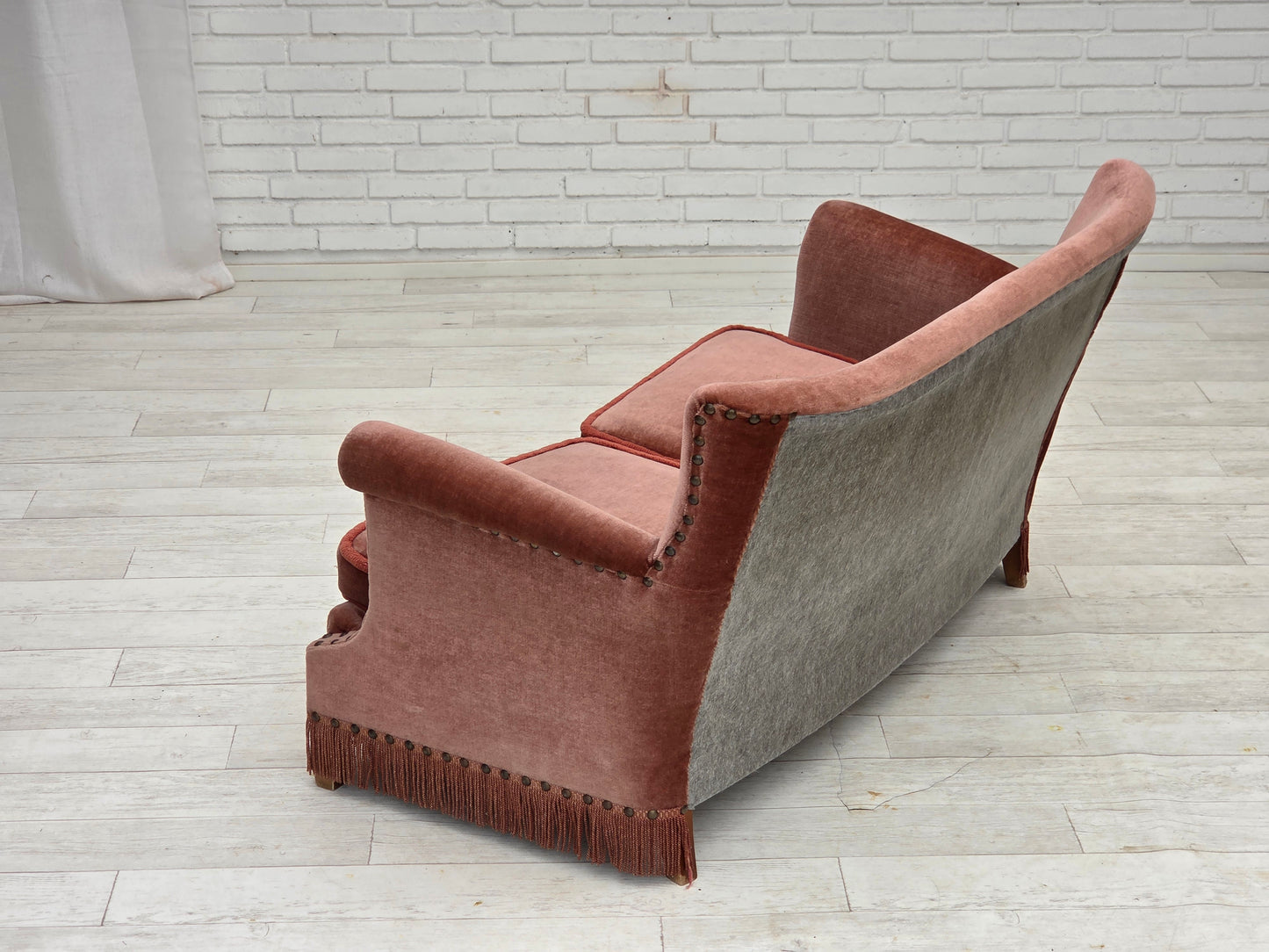 1970s, Danish 2-seater sofa, original salmon pink furniture velour, beech wood.