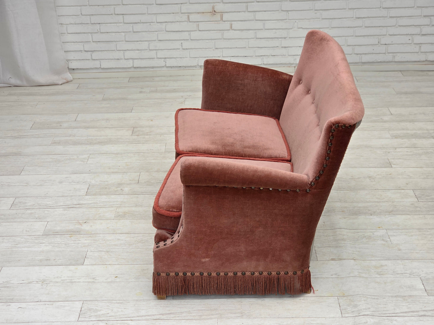 1970s, Danish 2-seater sofa, original salmon pink furniture velour, beech wood.