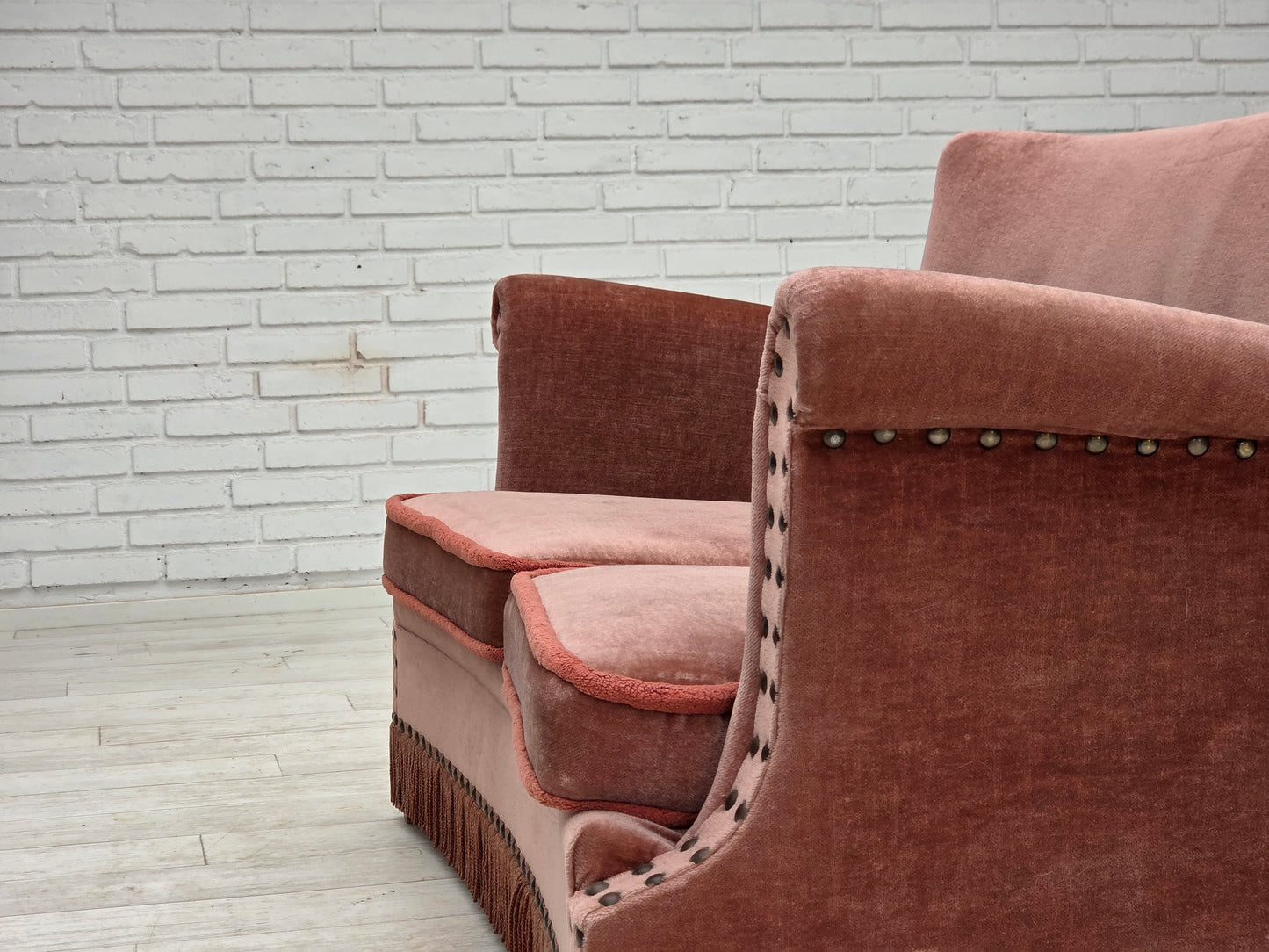 1970s, Danish 2-seater sofa, original salmon pink furniture velour, beech wood.