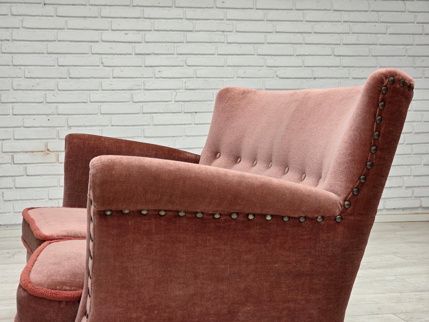 1970s, Danish 2-seater sofa, original salmon pink furniture velour, beech wood.