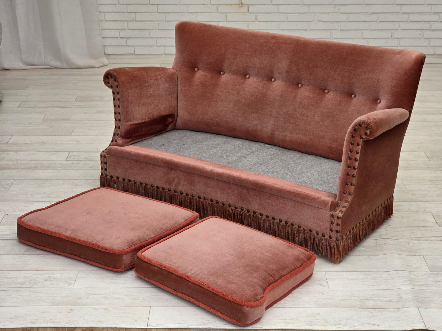 1970s, Danish 2-seater sofa, original salmon pink furniture velour, beech wood.
