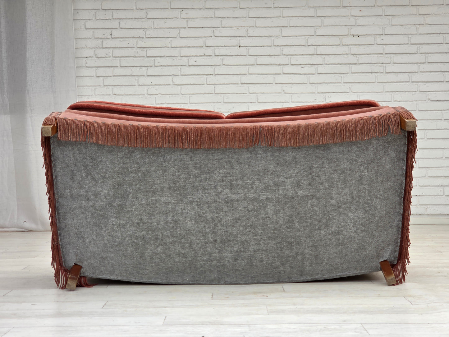 1970s, Danish 2-seater sofa, original salmon pink furniture velour, beech wood.