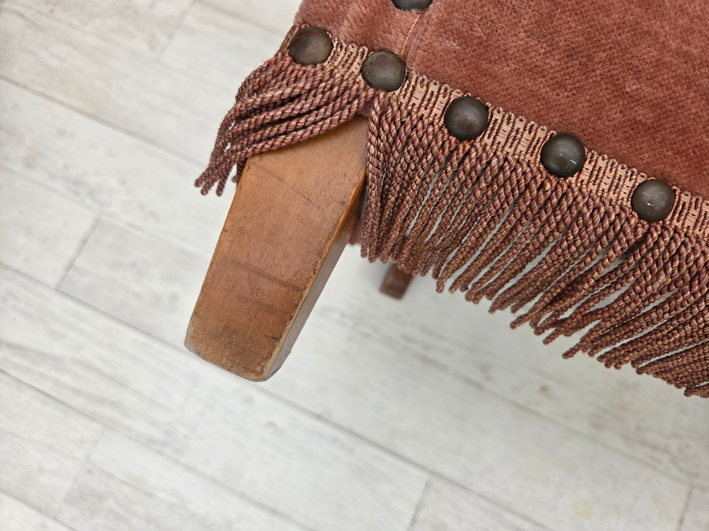 1970s, Danish 2-seater sofa, original salmon pink furniture velour, beech wood.