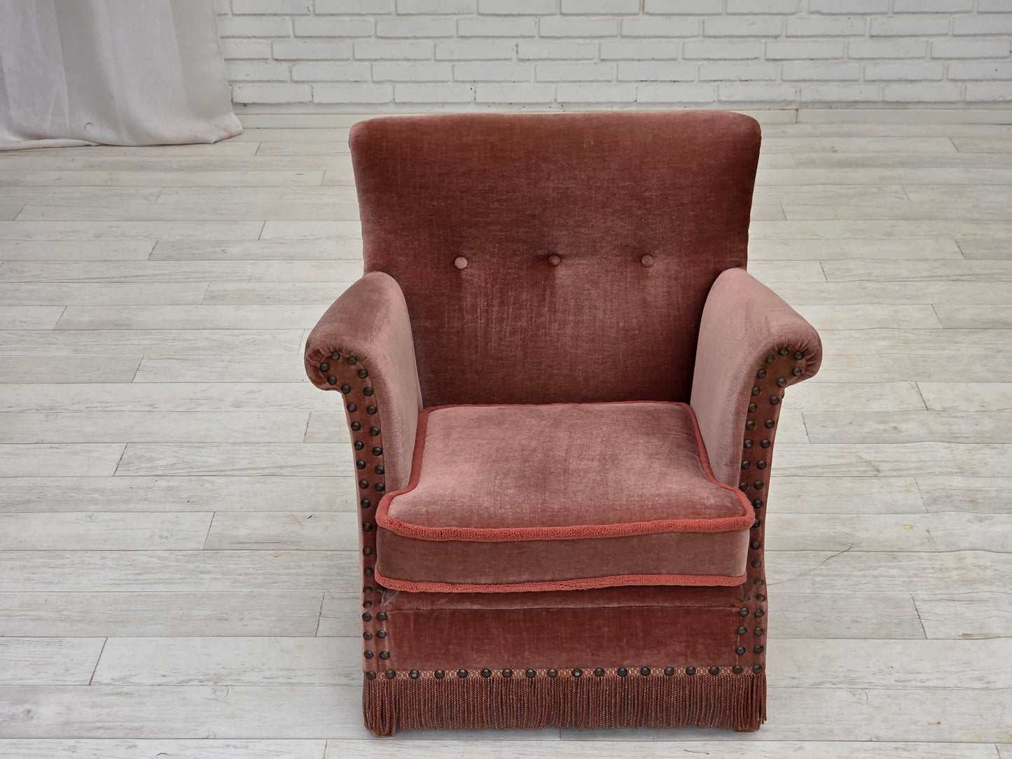 1970s, Danish armchair, salmon pink furniture velour, beech wood.