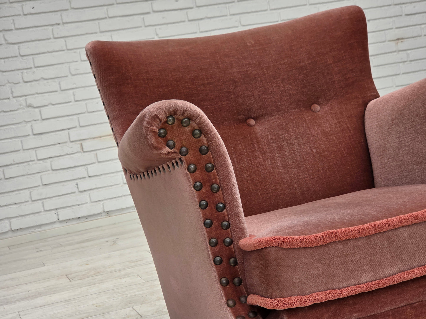 1970s, Danish armchair, salmon pink furniture velour, beech wood.