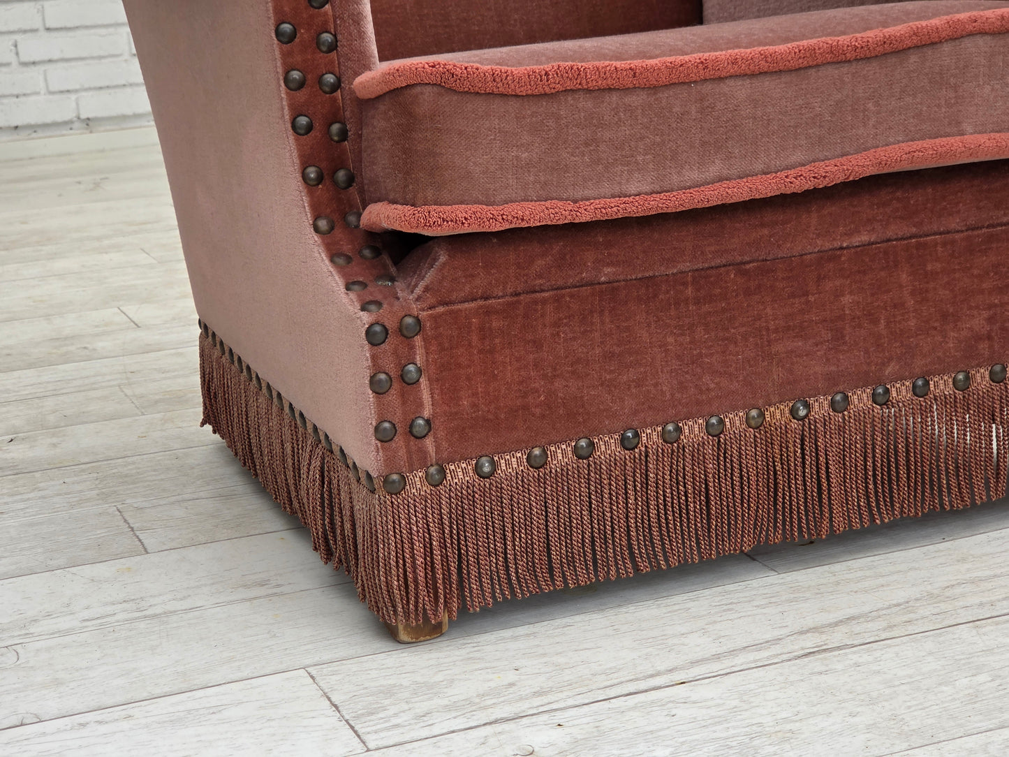 1970s, Danish armchair, salmon pink furniture velour, beech wood.