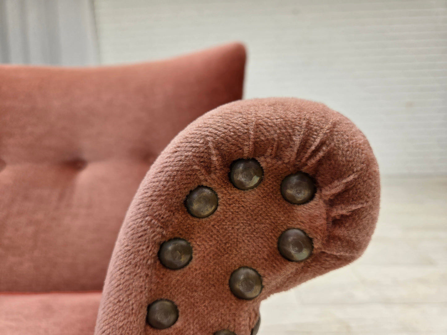 1970s, Danish armchair, salmon pink furniture velour, beech wood.