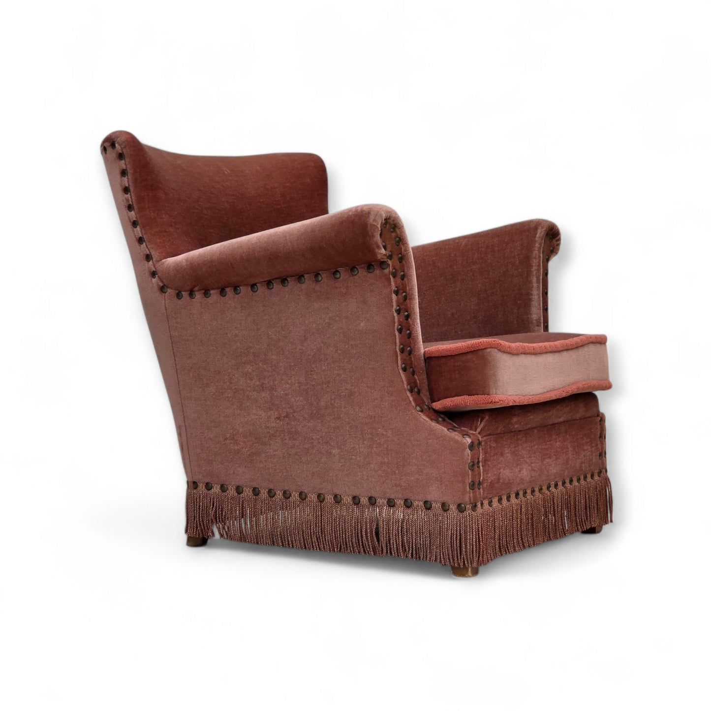 1970s, Danish armchair, salmon pink furniture velour, beech wood.