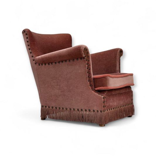 1970s, Danish armchair, salmon pink furniture velour, beech wood.