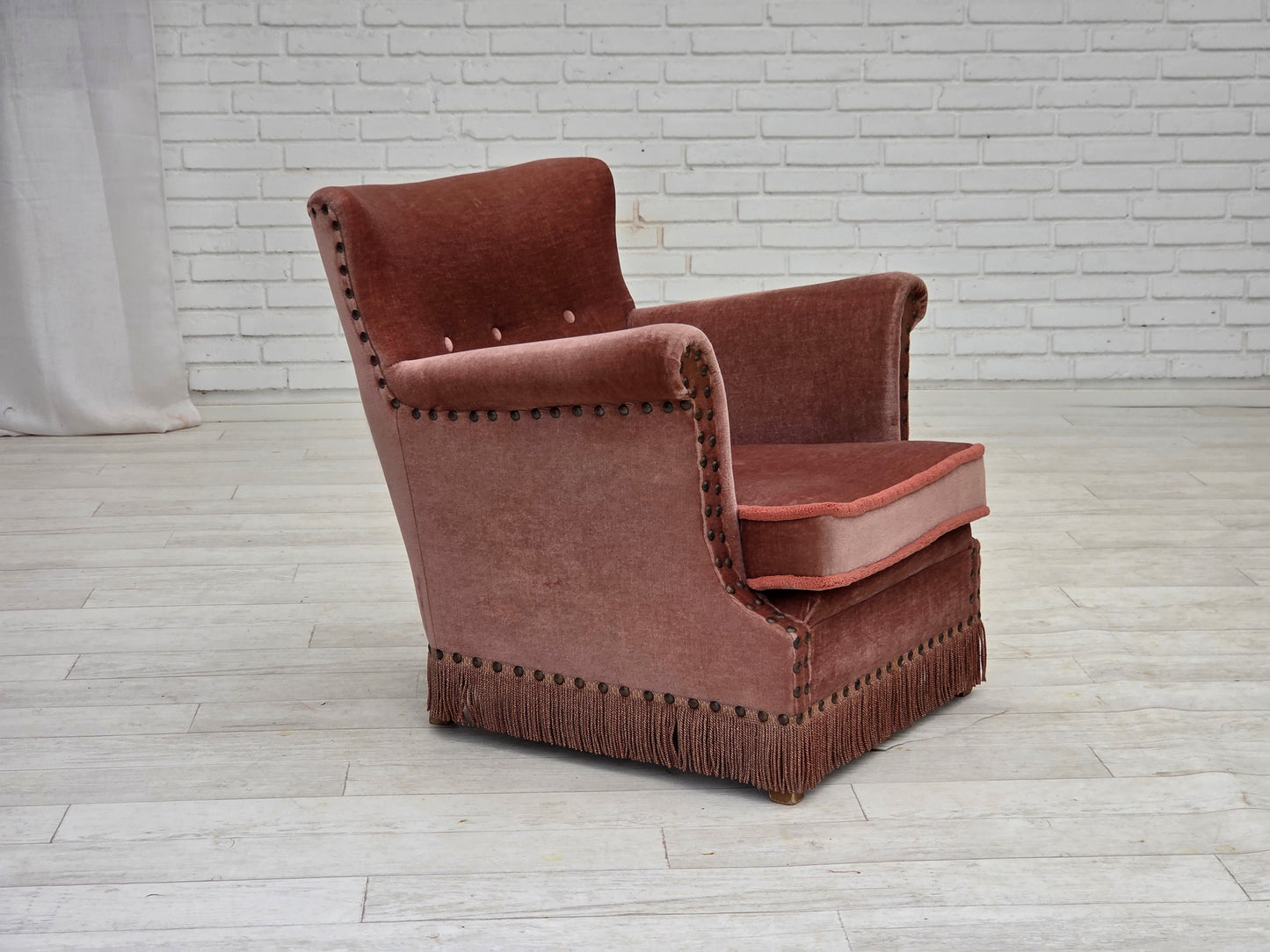 1970s, Danish armchair, salmon pink furniture velour, beech wood.