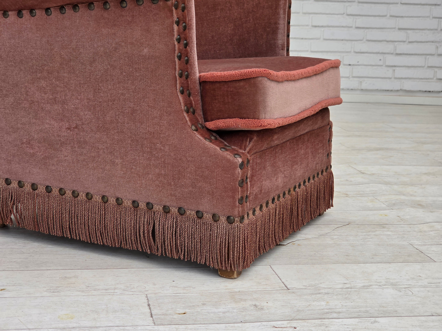 1970s, Danish armchair, salmon pink furniture velour, beech wood.