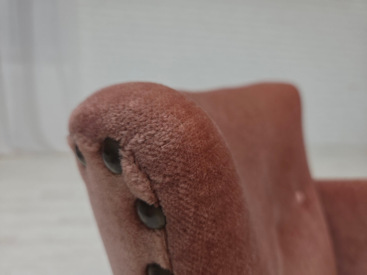 1970s, Danish armchair, salmon pink furniture velour, beech wood.