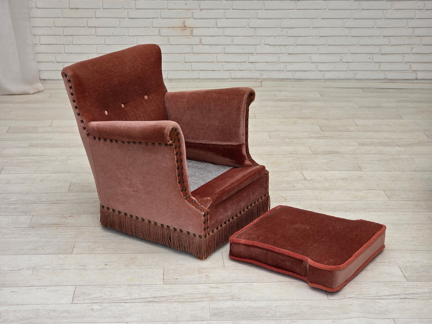 1970s, Danish armchair, salmon pink furniture velour, beech wood.