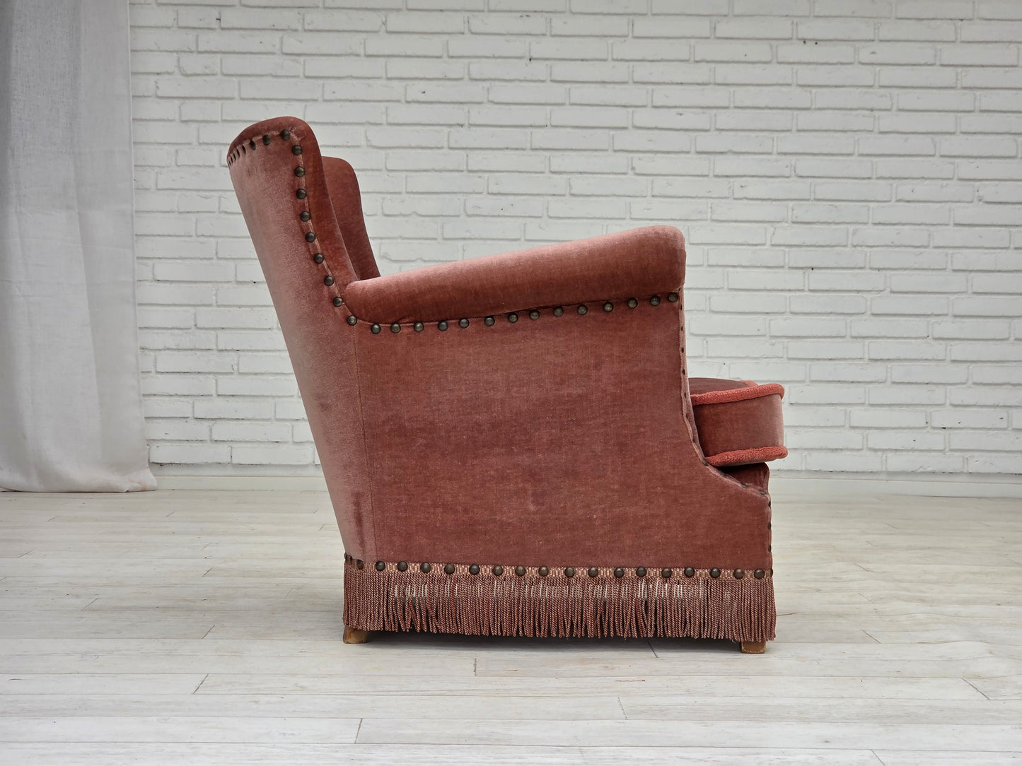 1970s, Danish armchair, salmon pink furniture velour, beech wood.