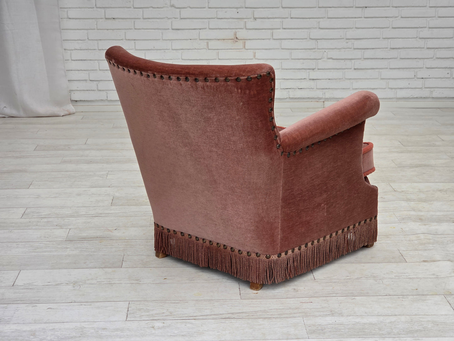 1970s, Danish armchair, salmon pink furniture velour, beech wood.