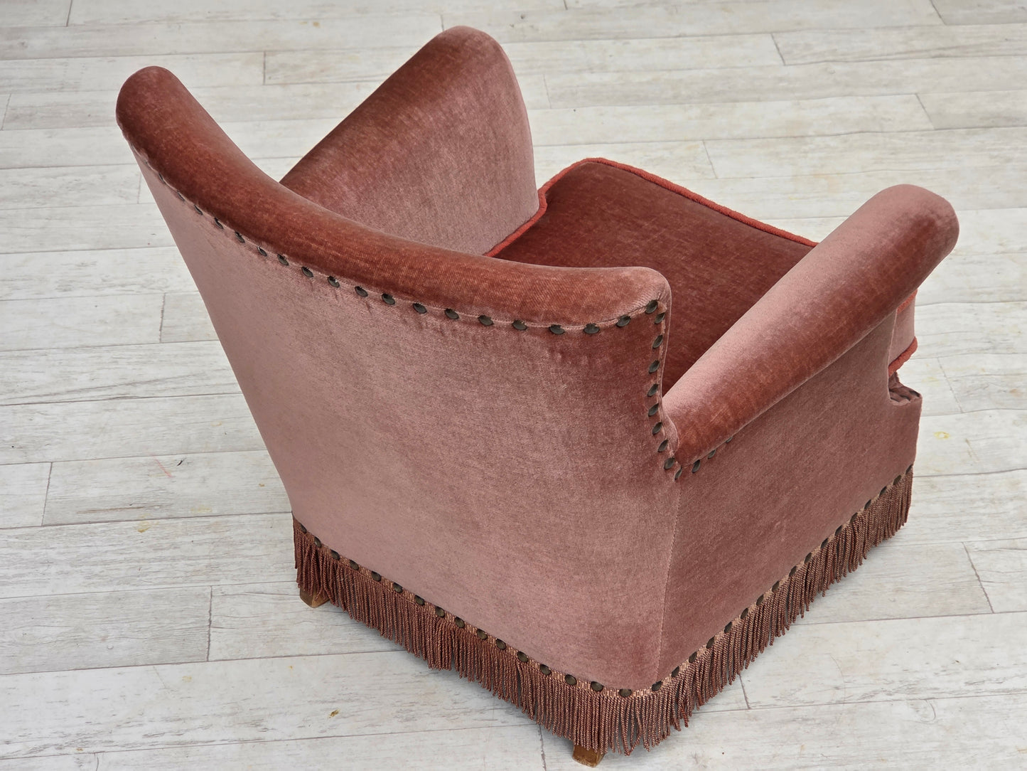 1970s, Danish armchair, salmon pink furniture velour, beech wood.