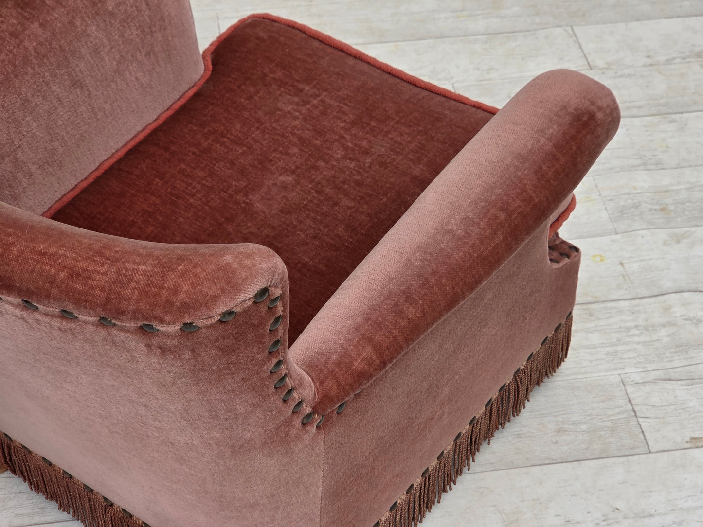 1970s, Danish armchair, salmon pink furniture velour, beech wood.