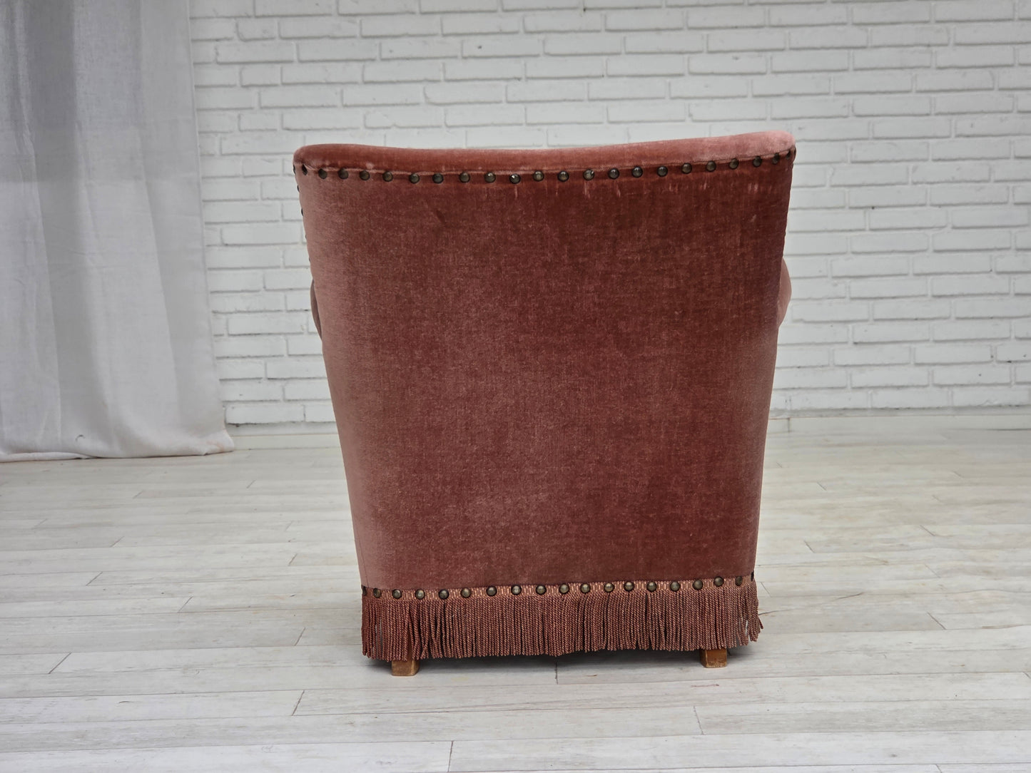 1970s, Danish armchair, salmon pink furniture velour, beech wood.