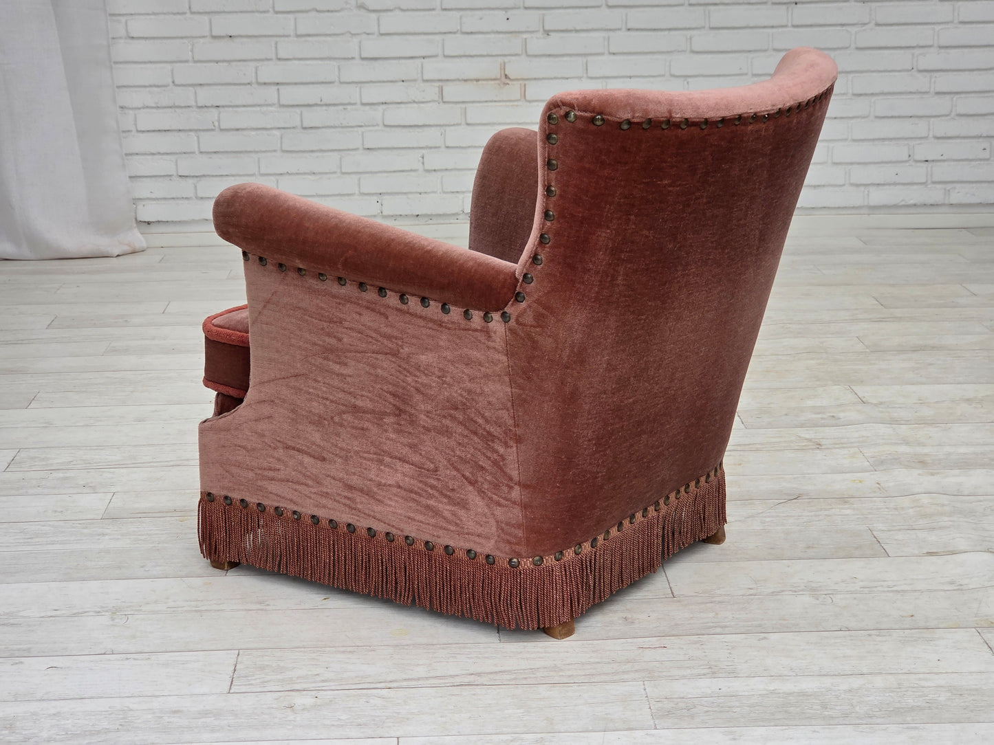 1970s, Danish armchair, salmon pink furniture velour, beech wood.