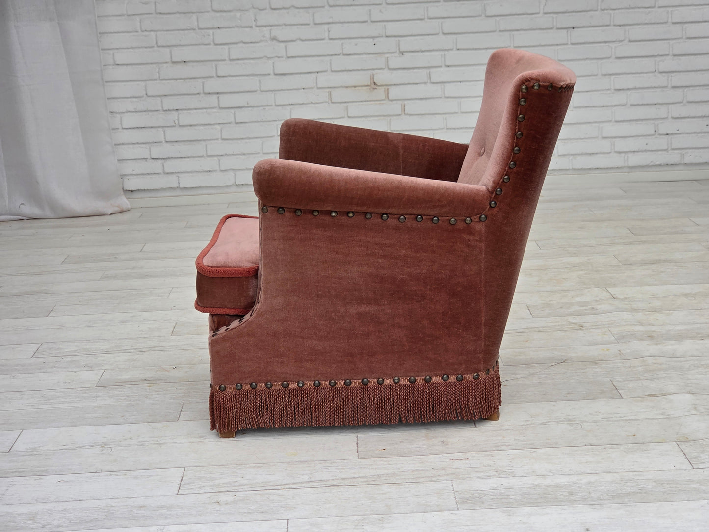 1970s, Danish armchair, salmon pink furniture velour, beech wood.