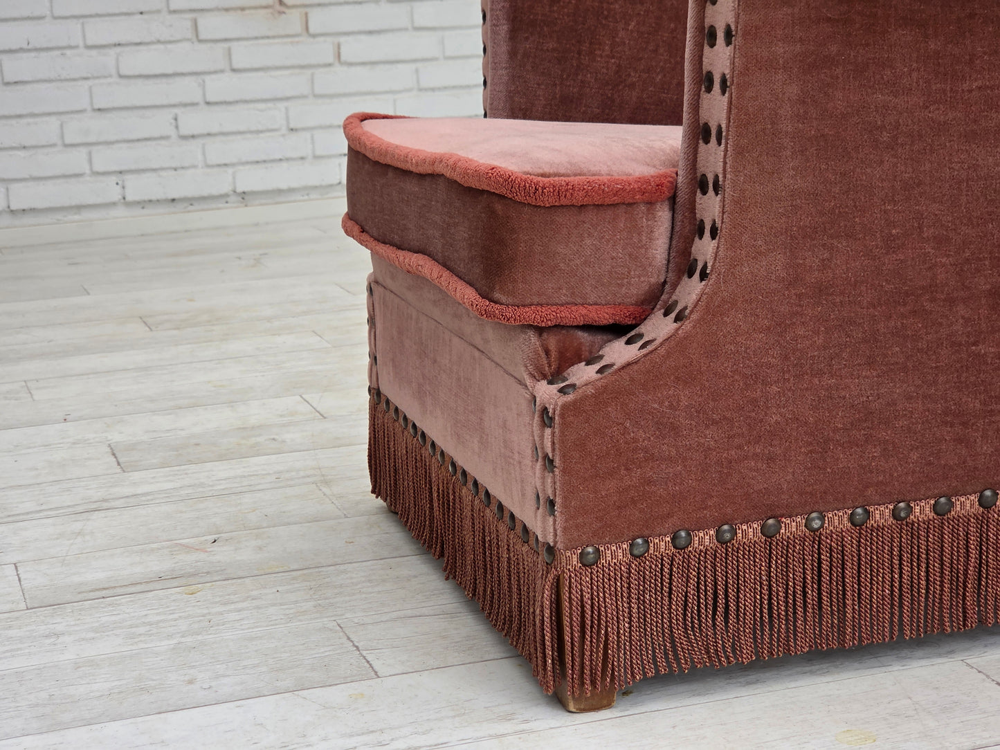 1970s, Danish armchair, salmon pink furniture velour, beech wood.