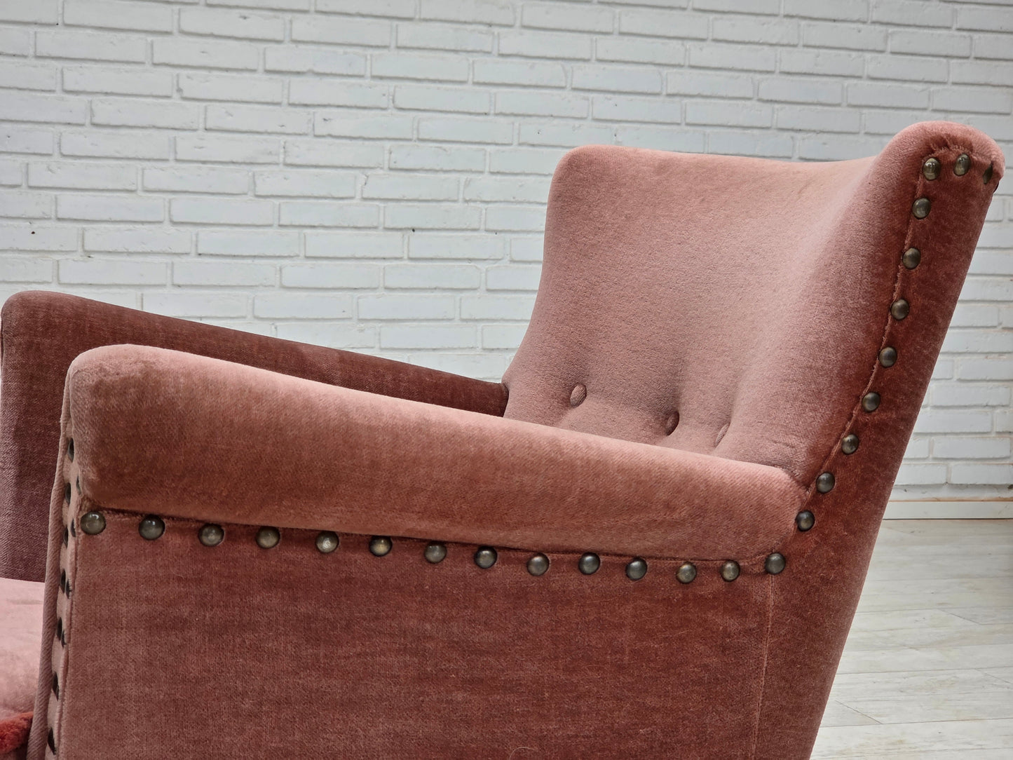 1970s, Danish armchair, salmon pink furniture velour, beech wood.
