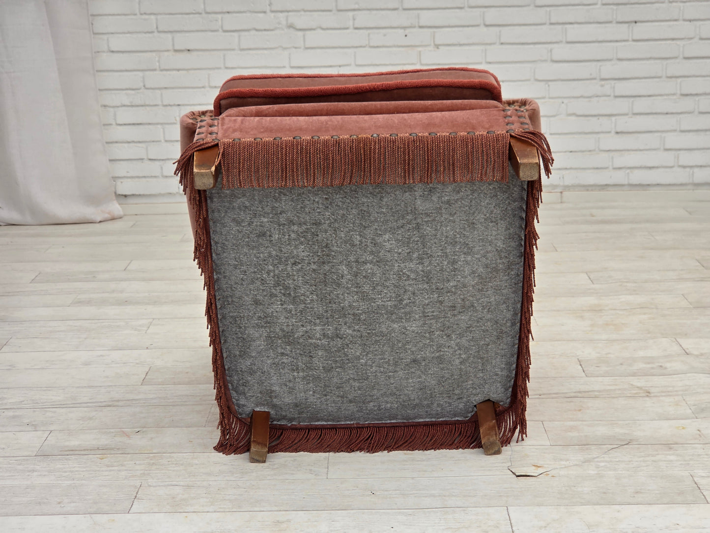 1970s, Danish armchair, salmon pink furniture velour, beech wood.