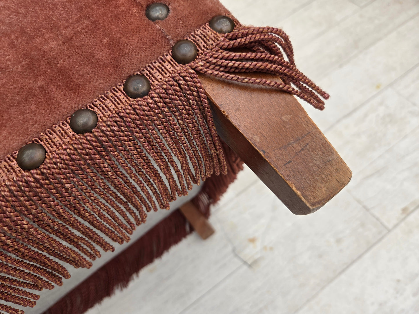 1970s, Danish armchair, salmon pink furniture velour, beech wood.