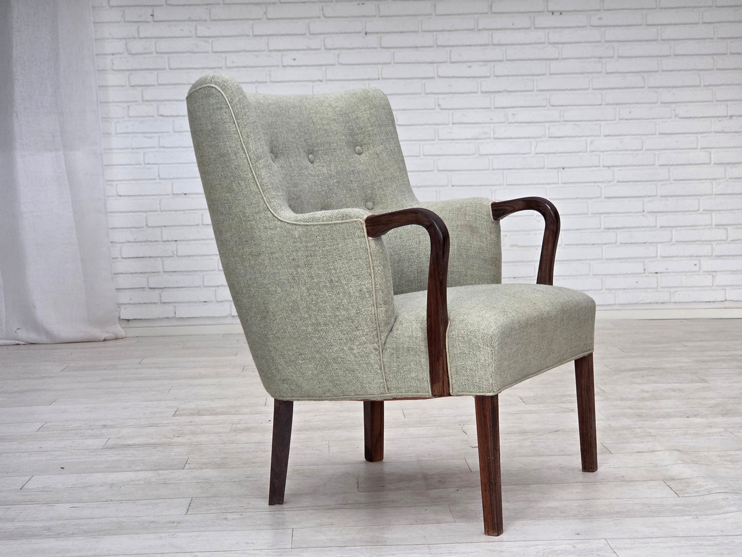 1960s, Danish armchair, original light grey furniture wool, solid teak wood.