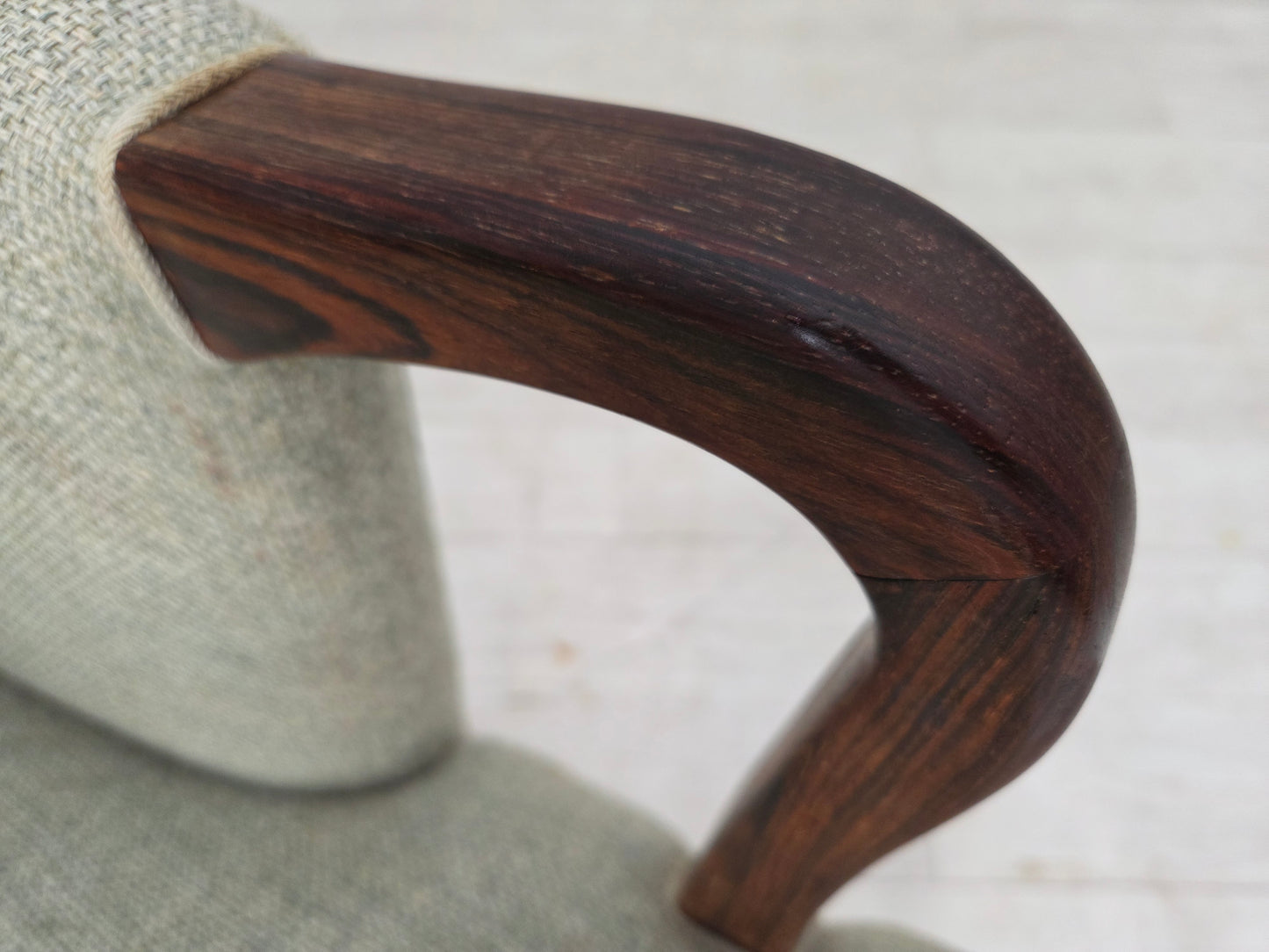 1960s, Danish armchair, original light grey furniture wool, solid teak wood.