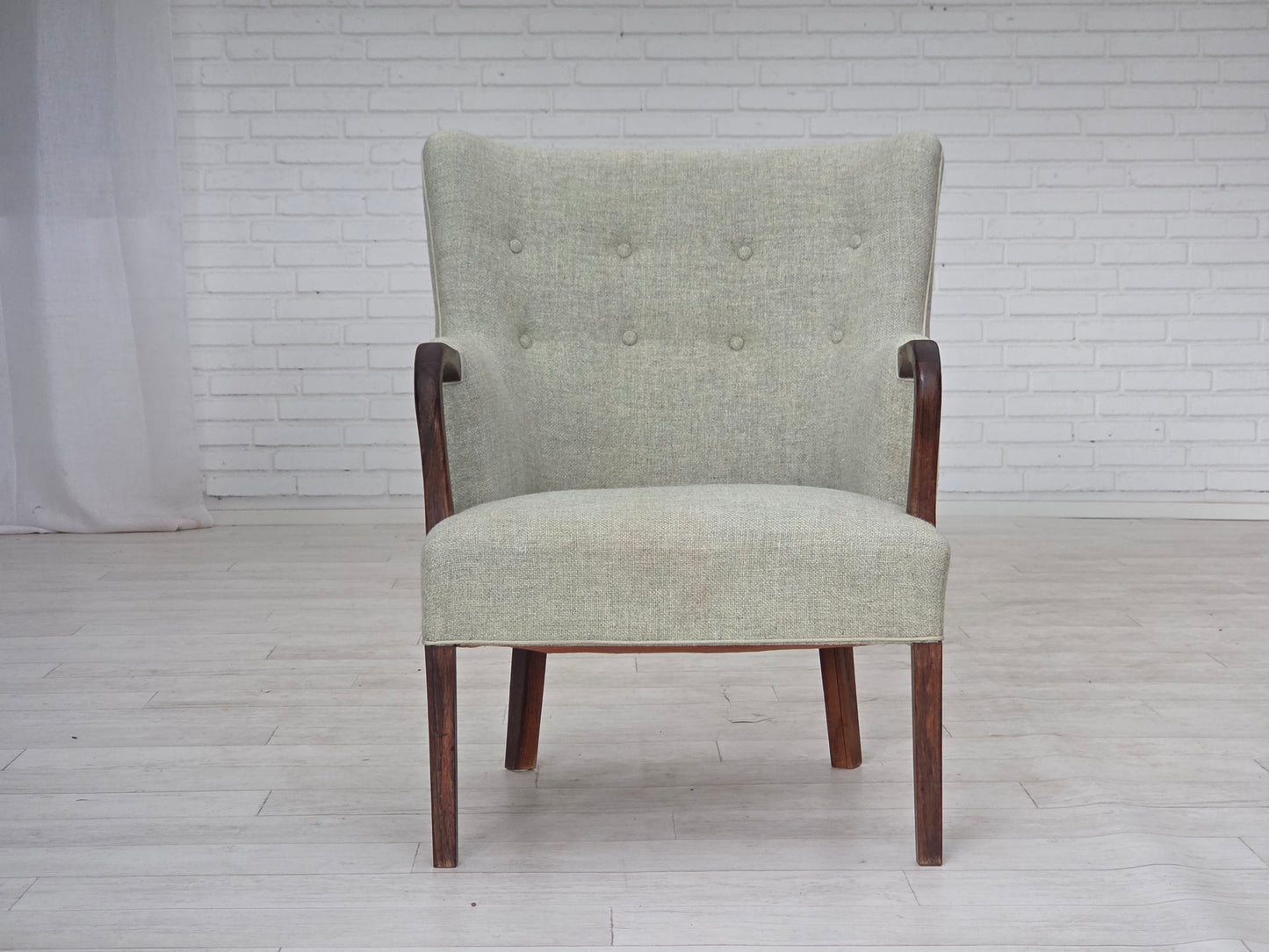 1960s, Danish armchair, original light grey furniture wool, solid teak wood.