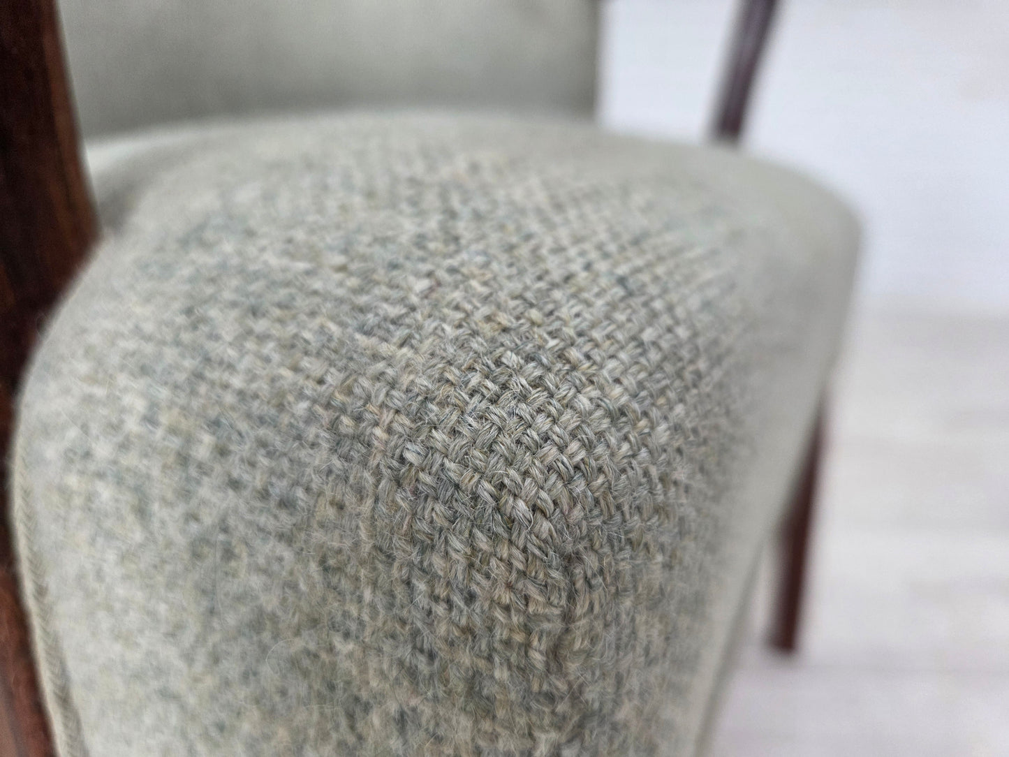 1960s, Danish armchair, original light grey furniture wool, solid teak wood.