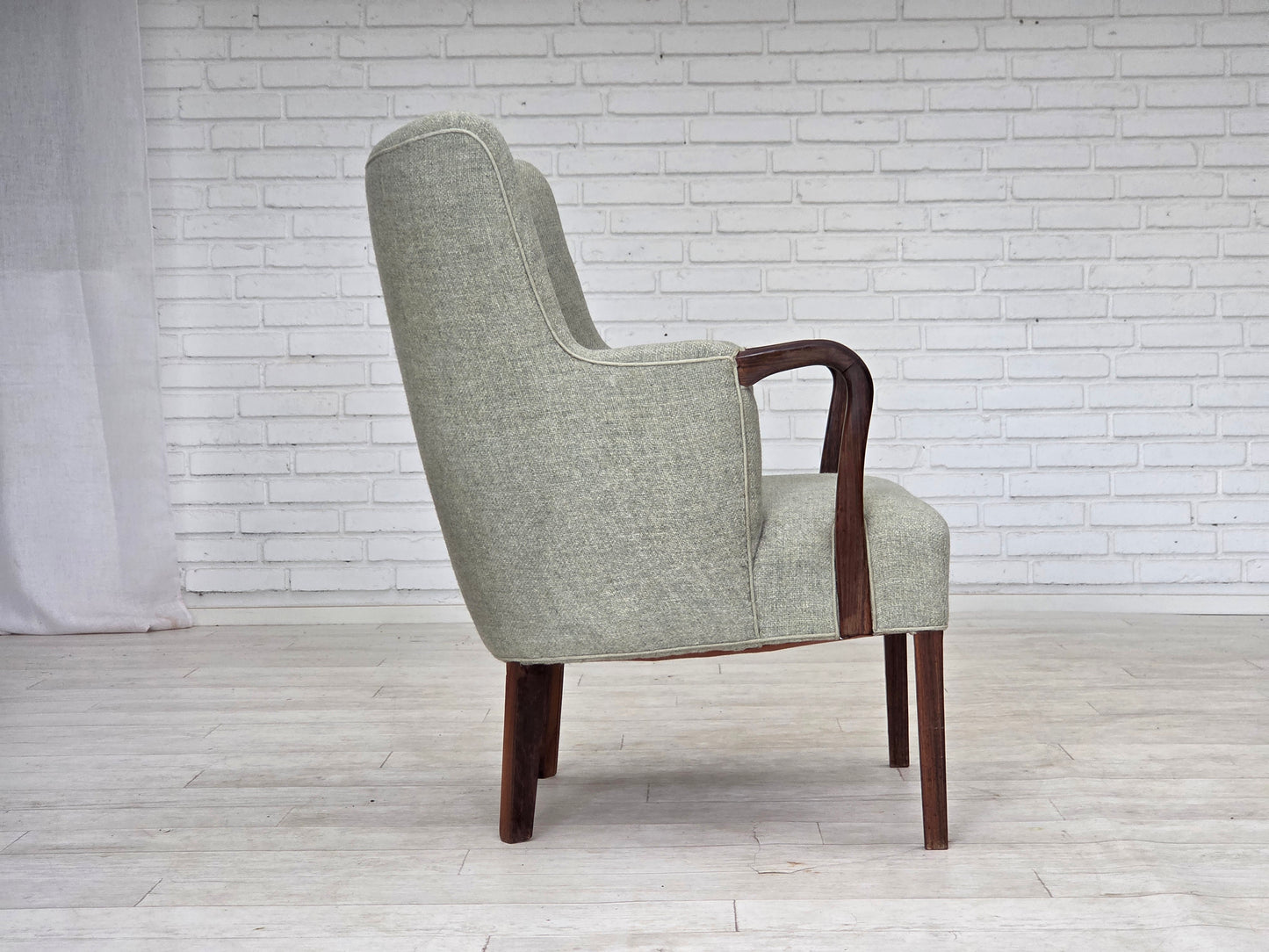 1960s, Danish armchair, original light grey furniture wool, solid teak wood.