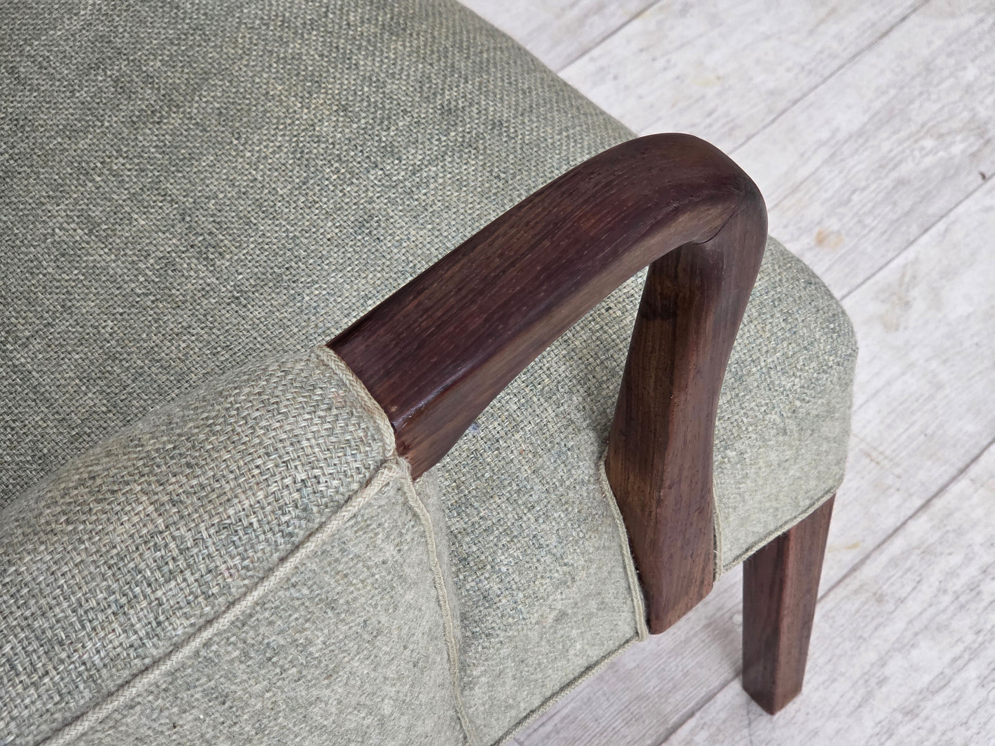 1960s, Danish armchair, original light grey furniture wool, solid teak wood.