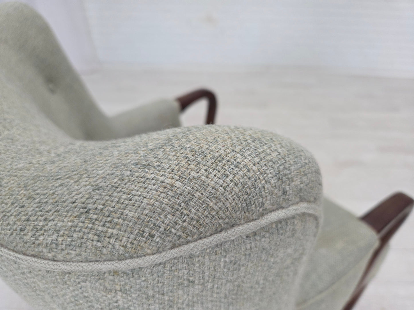 1960s, Danish armchair, original light grey furniture wool, solid teak wood.