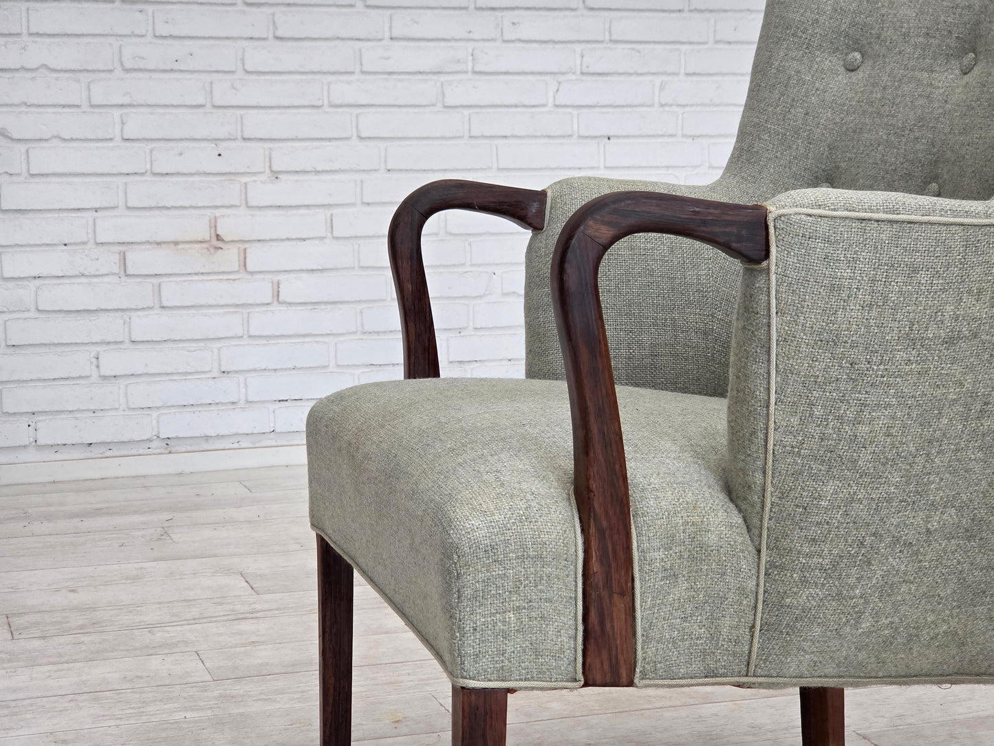 1960s, Danish armchair, original light grey furniture wool, solid teak wood.
