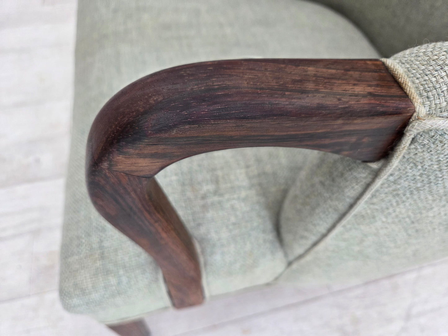 1960s, Danish armchair, original light grey furniture wool, solid teak wood.