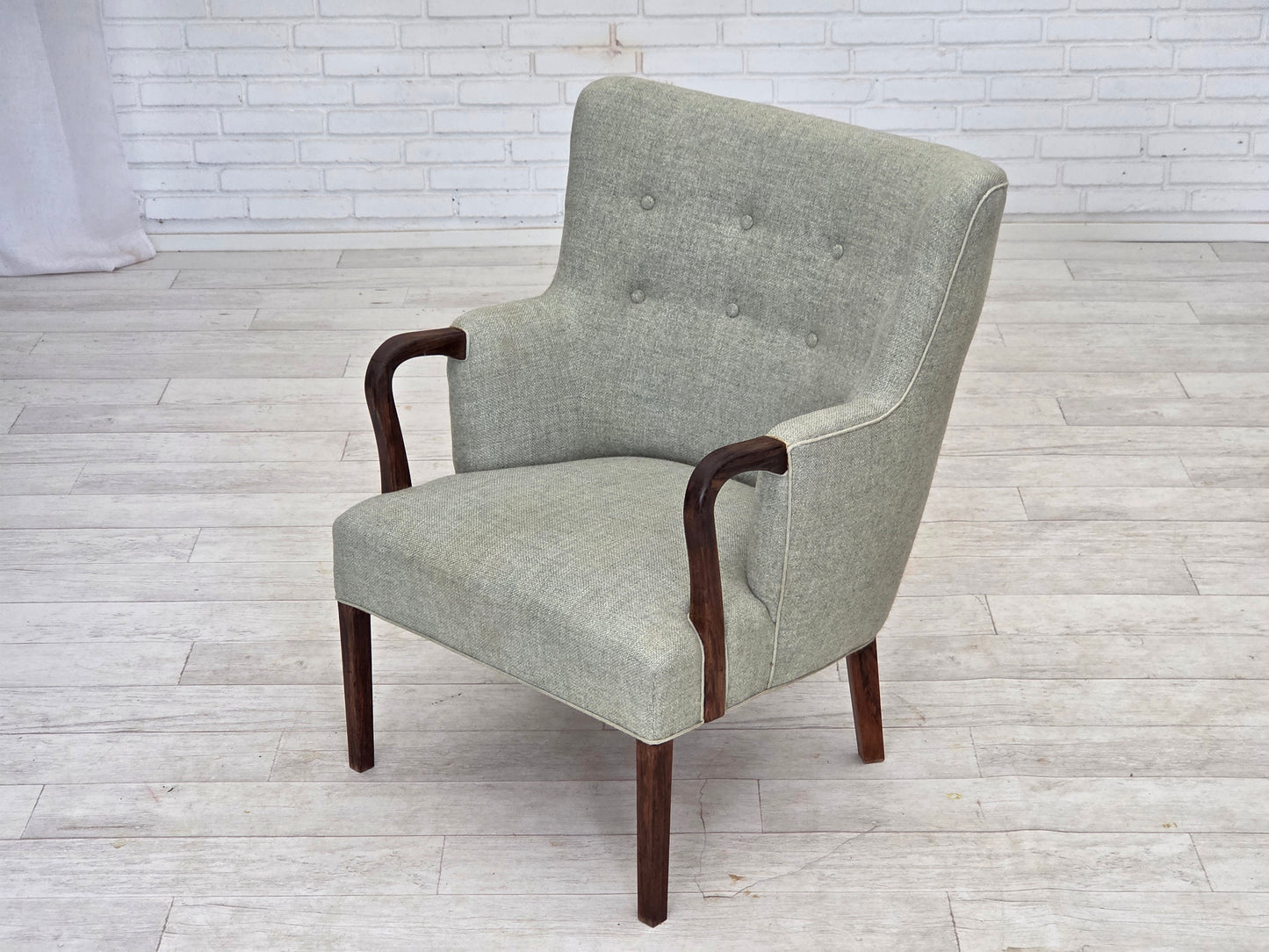 1960s, Danish armchair, original light grey furniture wool, solid teak wood.