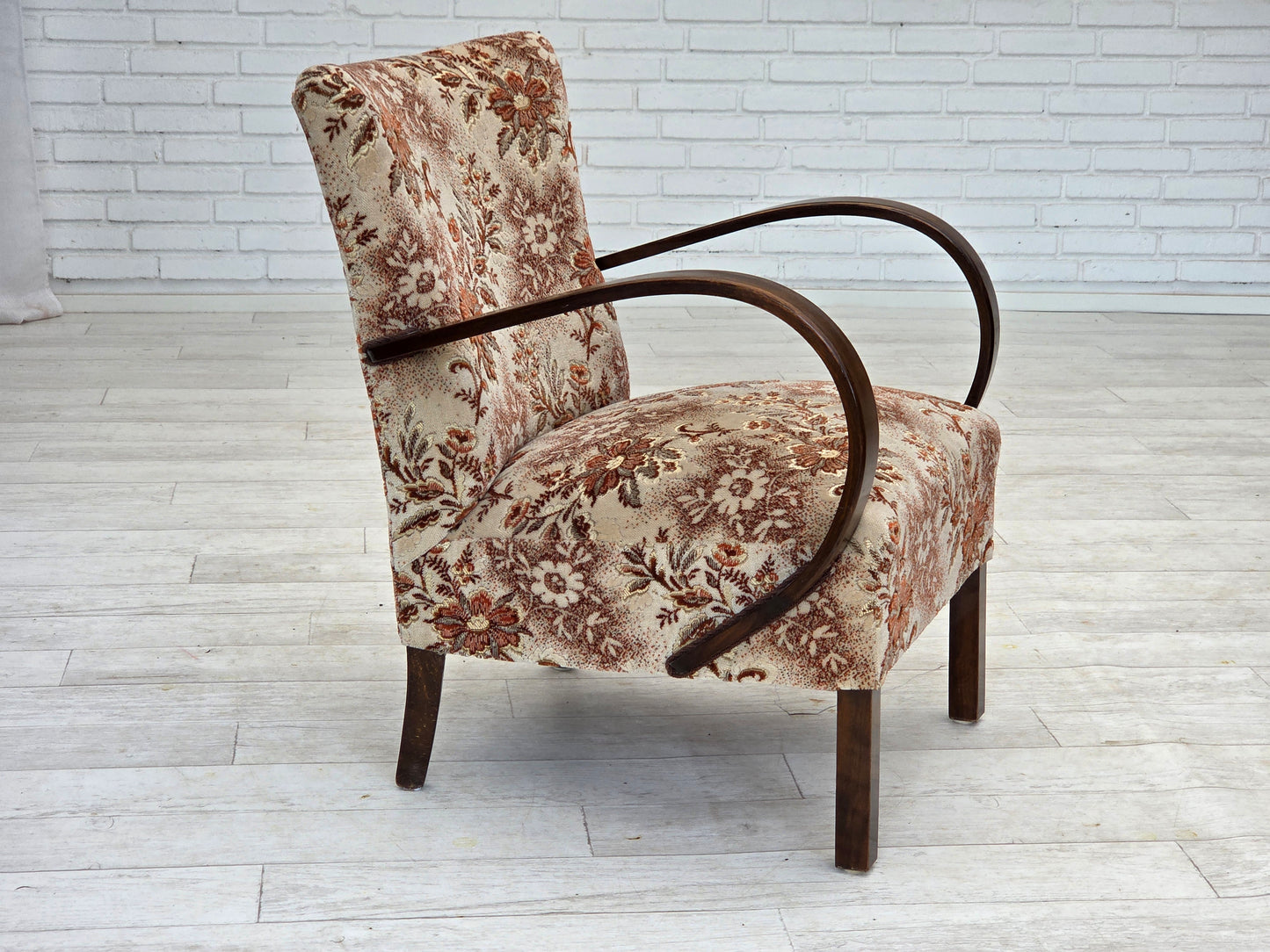 1950s, Danish artdeco armchair, furniture velour, beech wood, reupholstered.