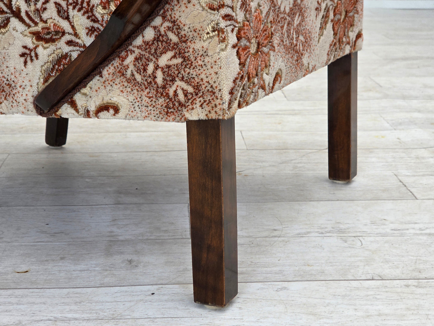 1950s, Danish artdeco armchair, furniture velour, beech wood, reupholstered.