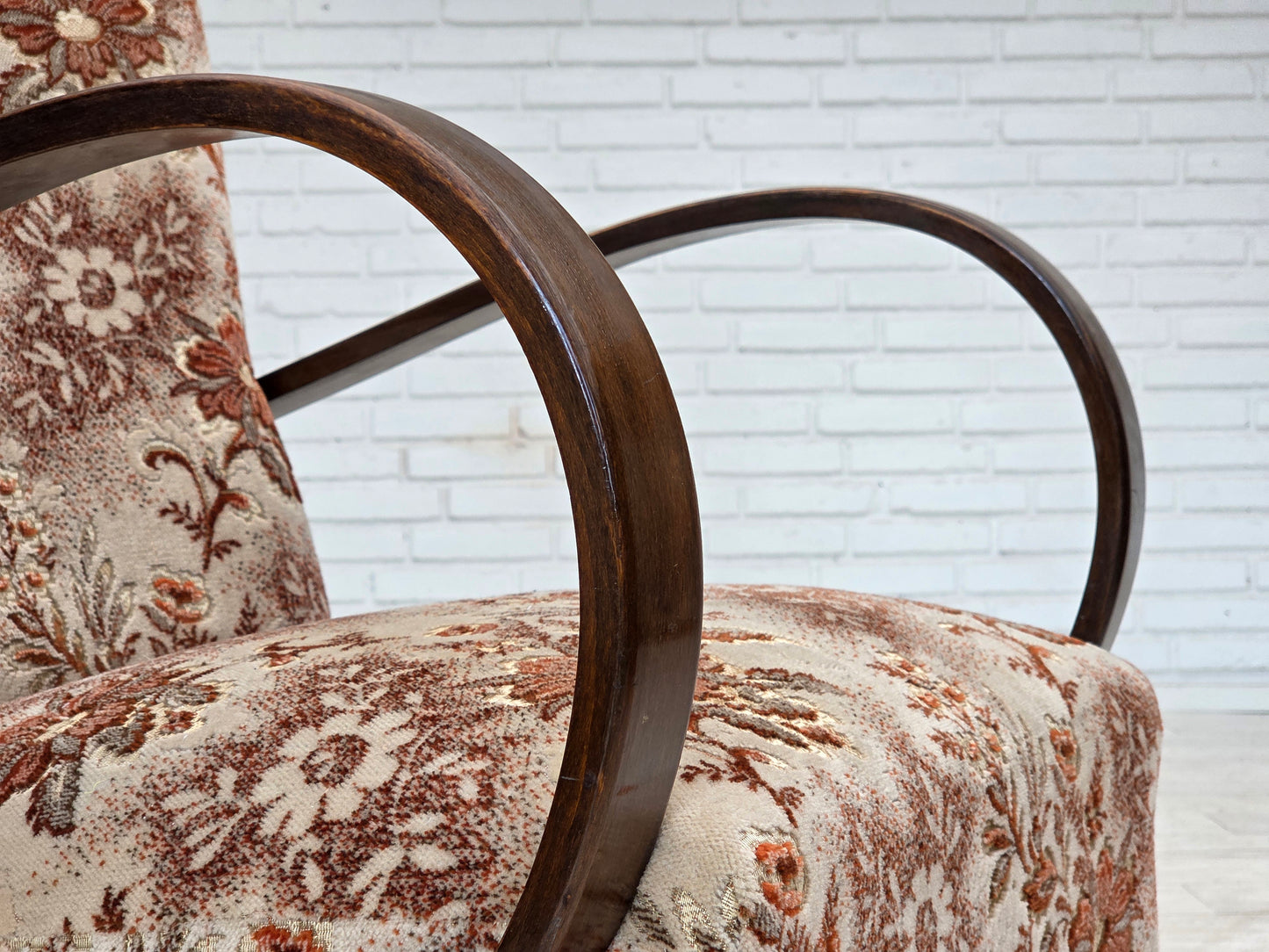 1950s, Danish artdeco armchair, furniture velour, beech wood, reupholstered.