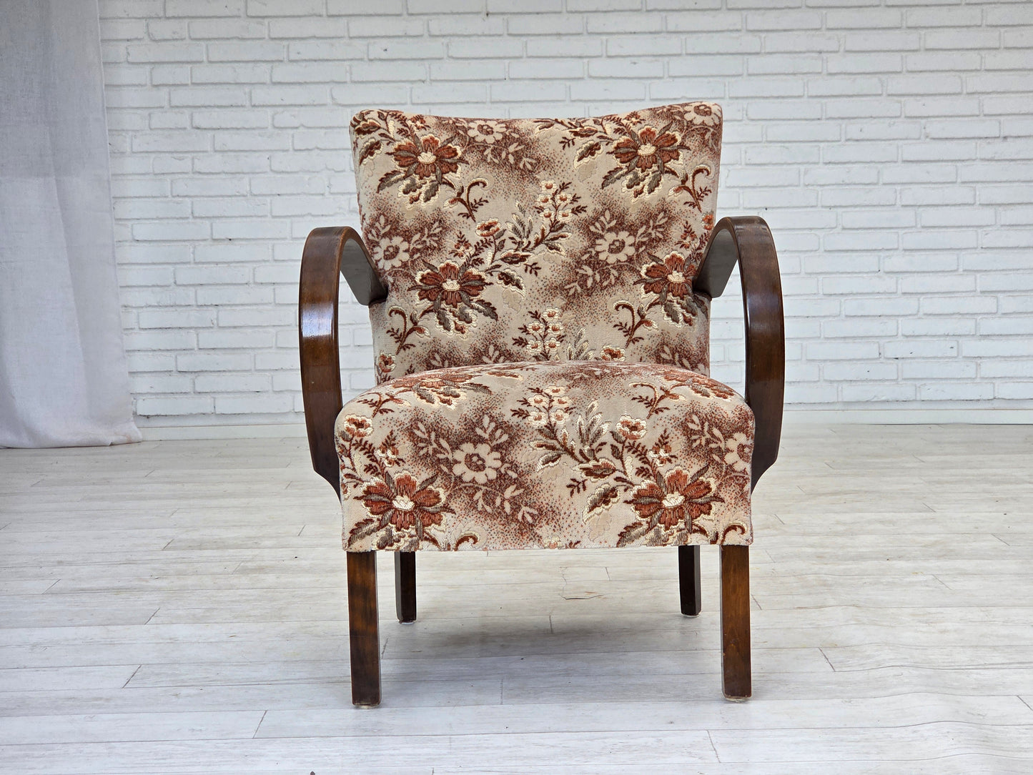 1950s, Danish artdeco armchair, furniture velour, beech wood, reupholstered.